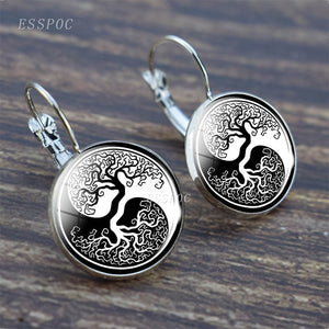 Tree of Life Silver Earrings Fashion France Stud Earrings for Women Ear Hook Earrings Life Tree Glass Cabochon Jewelry Girl Gift