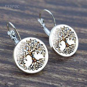 Tree of Life Silver Earrings Fashion France Stud Earrings for Women Ear Hook Earrings Life Tree Glass Cabochon Jewelry Girl Gift