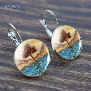 Tree of Life Silver Earrings Fashion France Stud Earrings for Women Ear Hook Earrings Life Tree Glass Cabochon Jewelry Girl Gift