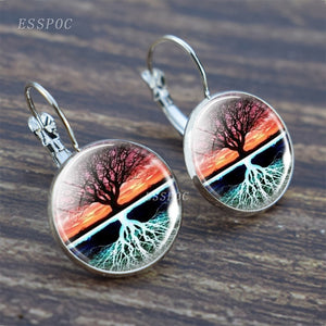 Tree of Life Silver Earrings Fashion France Stud Earrings for Women Ear Hook Earrings Life Tree Glass Cabochon Jewelry Girl Gift