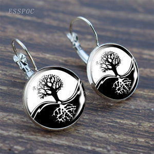 Tree of Life Silver Earrings Fashion France Stud Earrings for Women Ear Hook Earrings Life Tree Glass Cabochon Jewelry Girl Gift