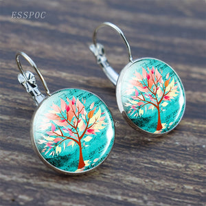 Tree of Life Silver Earrings Fashion France Stud Earrings for Women Ear Hook Earrings Life Tree Glass Cabochon Jewelry Girl Gift