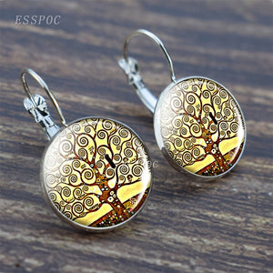 Tree of Life Silver Earrings Fashion France Stud Earrings for Women Ear Hook Earrings Life Tree Glass Cabochon Jewelry Girl Gift